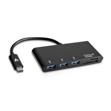 V7 Adaptateur USB-C mâle vers 3 x USB 3.0 femelle, noir, Micro SD, SD/MMC